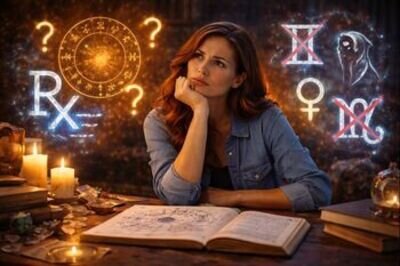 Eine Frau die &uuml;ber einem Buch lehnt und sich &uuml;ber Astrologie informiert