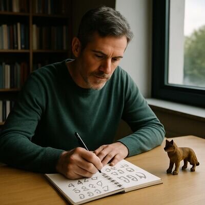 Eine Person schreibt ruhige Reflexionsnotizen zu wiederkehrenden Zahlenfolgen.