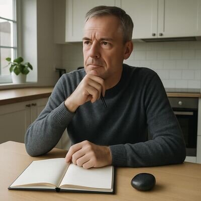 Eine Person sitzt mit Notizbuch und Haematit am Tisch &ndash; Sinnbild f&uuml;r verantwortungsvolle Einordnung statt Heilsversprechen.