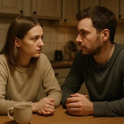 Ein europaeisches Paar sitzt am Tisch, spricht ruhig und ehrlich miteinander.