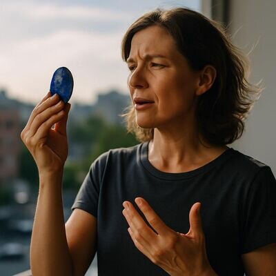 Eine Person h&auml;lt einen Lapislazuli und bereitet sich ruhig auf ein Gespr&auml;ch vor.