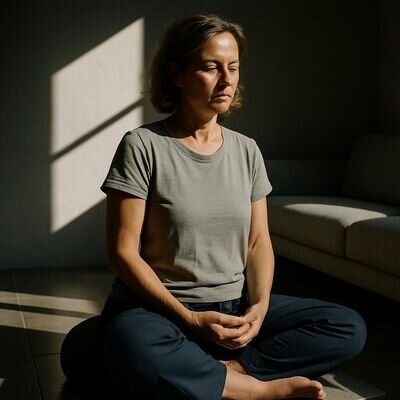 Eine Person richtet sich ruhig auf einem Meditationskissen aus und findet eine stabile, alltagstaugliche Sitzhaltung.