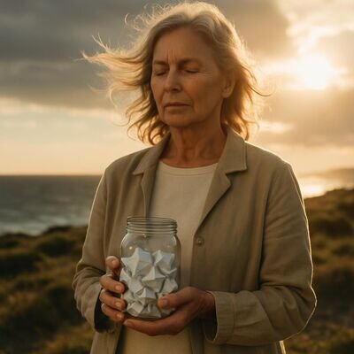 Eine Person am Meer h&auml;lt ein symbolisches Objekt und blickt in die Weite.