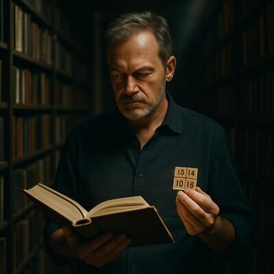 Ein Mensch in nachdenklicher Haltung in einer Bibliothek als Symbol f&uuml;r Wahrheitssuche und inneren Wandel.