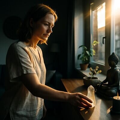 Eine Person platziert bewusst einen Kristall auf einem Sideboard in einem hellen Wohnzimmer.