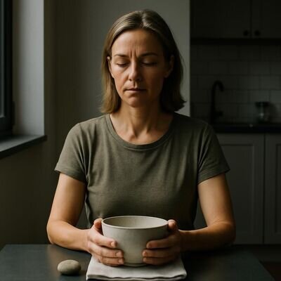Eine Person nimmt sich einen Moment, um vor dem Essen innezuhalten und das Essen wahrzunehmen.