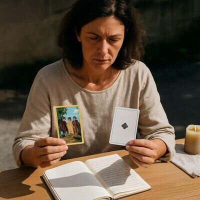 Eine Person betrachtet zwei Kartendecks und macht sich Notizen zum Unterschied der Deutungslogik.