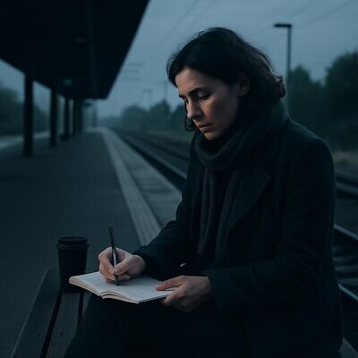 Eine Person schreibt morgens in ein Notizbuch, w&auml;hrend sie drau&szlig;en kurz inneh&auml;lt &ndash; als alltagstaugliches Ritual.