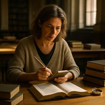 Eine Person blaettert konzentriert in einem Buch und markiert eine Passage, als Symbol fuer bewusste Auswahl und Struktur.