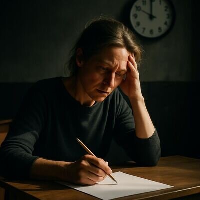 Erwachsene Person sitzt angespannt in einem Pruefungsraum, Symbol fuer inneren Leistungsdruck.