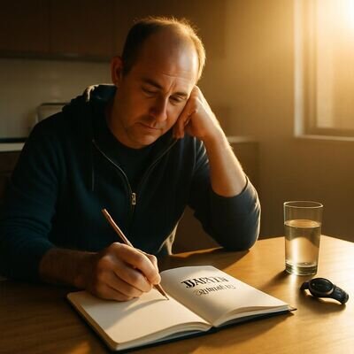 Ein Mann schreibt morgens konzentriert seine Traumerinnerung auf, waehrend sanftes Licht den Raum fuellt.