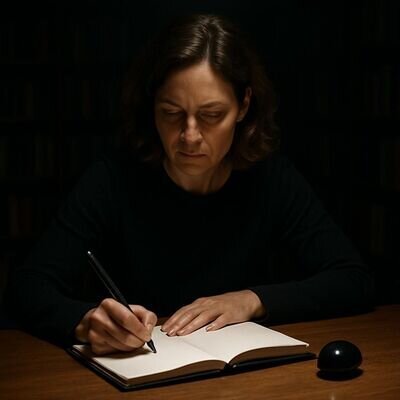 Eine Person schreibt bei dramatischem Licht, Obsidian liegt als Fokusstein neben dem Tagebuch.