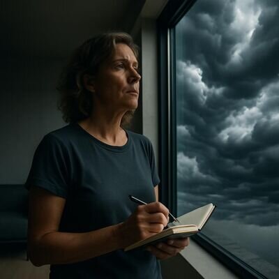 Eine Person blickt nachdenklich in einen hellen Raum, w&auml;hrend drau&szlig;en Wind und Wolken vorbeiziehen.