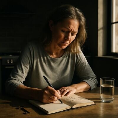 Eine Person schreibt morgens bei warmem Licht Notizen ins Traumtagebuch und wirkt erleichtert.