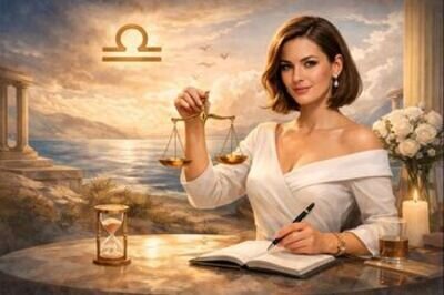 Querformat-Motiv im astrologisch-eleganten Editorial-Look: Rechts sitzt eine gepflegt wirkende Frau mit kurzem, braunem Bob in einem wei&szlig;en Off-Shoulder-Kleid an einem Tisch, h&auml;lt in der einen Hand eine goldene Waage und in der anderen einen Stift &uuml;ber einem Notizbuch &ndash; als w&uuml;rde sie Entscheidungen abw&auml;gen und festhalten. Im Hintergrund: goldenes Abendlicht &uuml;ber einem ruhigen Meer/See, zarte Wolken, einige V&ouml;gel am Himmel, klassische S&auml;ulen/Tempel-Elemente am Rand. Zentral oben steht das Waage-Symbol (Libra) in Gold; links oben der Schriftzug &bdquo;Harmonie und Klarheit&ldquo;. Farbwelt: warmes Gold, Creme, sanftes Blau-Grau, insgesamt luxuri&ouml;s/ruhig.