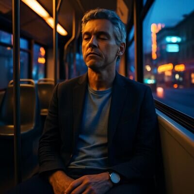 Eine Person sitzt in einer Stra&szlig;enbahn und macht unauff&auml;llig eine Atem-Mikro-Meditation mit weichem Blick.