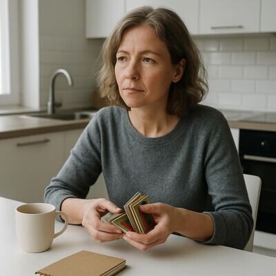 Eine Frau mischt Karten an einem hellen Küchentisch und wirkt nachdenklich und ruhig.