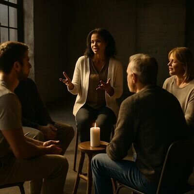 Kleine Gruppe in warmer Atmosph&auml;re, offen im Gespr&auml;ch, respektvoll und nahbar.