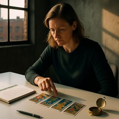 Eine Person betrachtet Tarotkarten neben Notizen zu beruflichen Zielen in einem hellen Arbeitsraum.