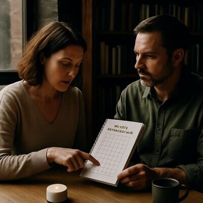 Zwei Personen tauschen sich ruhig aus und halten Erkenntnisse aus der              30-Tage-Praxis in einem Notizbuch fest.