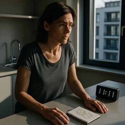 Eine Person h&auml;lt kurz inne und betrachtet eine Uhrzeit, die an wiederkehrende Zahlen erinnert.