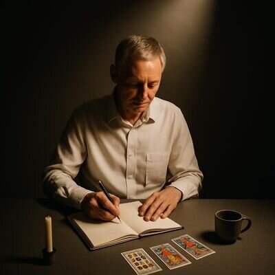 Eine Person notiert nach einer Legung praktische Schritte und integriert Tarot ruhig in den Tagesablauf.