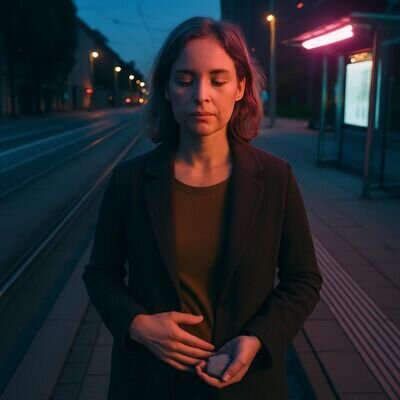 Person macht eine kurze K&ouml;rperwahrnehmungs&uuml;bung im urbanen Umfeld, unauff&auml;llig und geerdet.