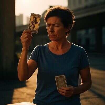 Eine Person betrachtet eine umgedrehte Tarotkarte und wirkt konzentriert und ruhig.