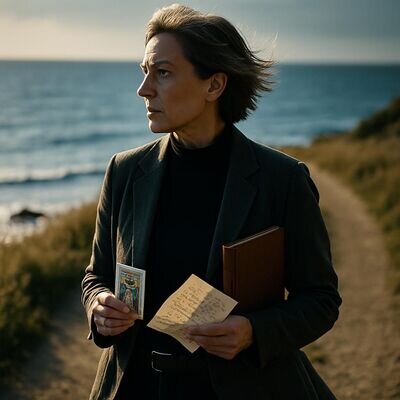 Eine Person geht am Meer entlang und haelt ein kleines Kartenset und Notizen; weiches Gegenlicht, optimistische Stimmung.