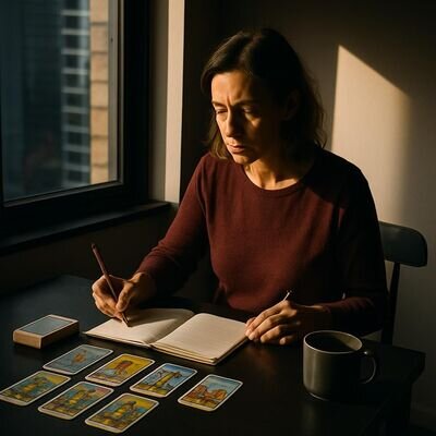 Eine Frau betrachtet nachdenklich ein kleines Tarot-Spread und macht sich Notizen, konzentrierte Lernatmosph&auml;re.