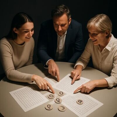 Drei Menschen in einem hellen Studio-Setting, sie markieren Zahlen und Symbole auf Papier, konzentriert und hoffnungsvoll.