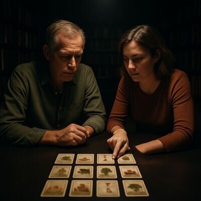 Zwei Menschen betrachten gemeinsam eine Lenormand-Auslage und besprechen m&ouml;gliche Bedeutungen.