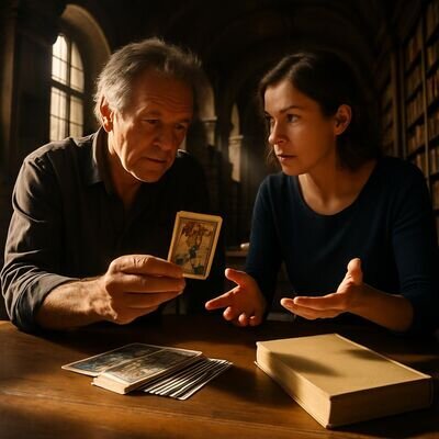 Zwei Menschen vergleichen eine Karte mit einem Tarotbuch und sprechen dar&uuml;ber.