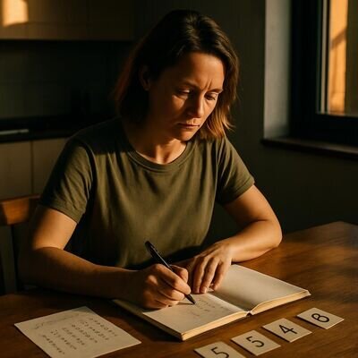 Eine Person notiert Zahlen und Gedanken in einem hellen Notizbuch, ruhig und fokussiert.