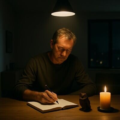 Eine Person schreibt bei Kerzenlicht Reflexionen auf und nutzt die Eule als ruhiges Symbol fuer Klarheit.