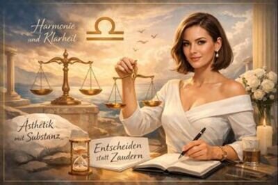 Querformat-Motiv im astrologisch-eleganten Editorial-Look: Rechts sitzt eine gepflegt wirkende Frau mit kurzem, braunem Bob in einem wei&szlig;en Off-Shoulder-Kleid an einem Tisch, h&auml;lt in der einen Hand eine goldene Waage und in der anderen einen Stift &uuml;ber einem Notizbuch &ndash; als w&uuml;rde sie Entscheidungen abw&auml;gen und festhalten. Im Hintergrund: goldenes Abendlicht &uuml;ber einem ruhigen Meer/See, zarte Wolken, einige V&ouml;gel am Himmel, klassische S&auml;ulen/Tempel-Elemente am Rand. Zentral oben steht das Waage-Symbol (Libra) in Gold; links oben der Schriftzug &bdquo;Harmonie und Klarheit&ldquo;. Farbwelt: warmes Gold, Creme, sanftes Blau-Grau, insgesamt luxuri&ouml;s/ruhig.
