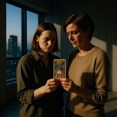 Zwei Personen betrachten gemeinsam ein Tarotbild als Gespr&auml;chsansto&szlig; in der Liebe.