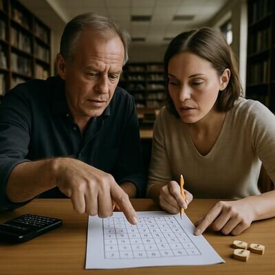 Zwei Menschen tauschen sich konzentriert aus und betrachten gemeinsam Namens- und Zahlen-Notizen.