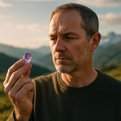 Eine Person h&auml;lt einen Amethyst in der Hand und richtet den Blick ruhig nach vorn &ndash; Symbol f&uuml;r innere Sammlung.