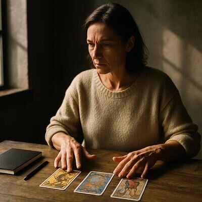 Eine Person betrachtet drei unterschiedliche Tarot-Decks auf einem Tisch und sp&uuml;rt in Ruhe in die Bildsprache hinein.