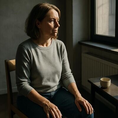 Eine Person sitzt bodenstaendig auf einem Stuhl und richtet den Blick ruhig in den Raum, als sanfter Einstieg in Achtsamkeit.