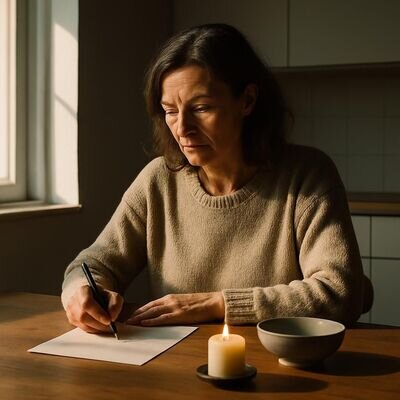Eine Person sitzt ruhig an einem Tisch und schreibt eine klare Absicht f&uuml;r ein Liebesritual auf.